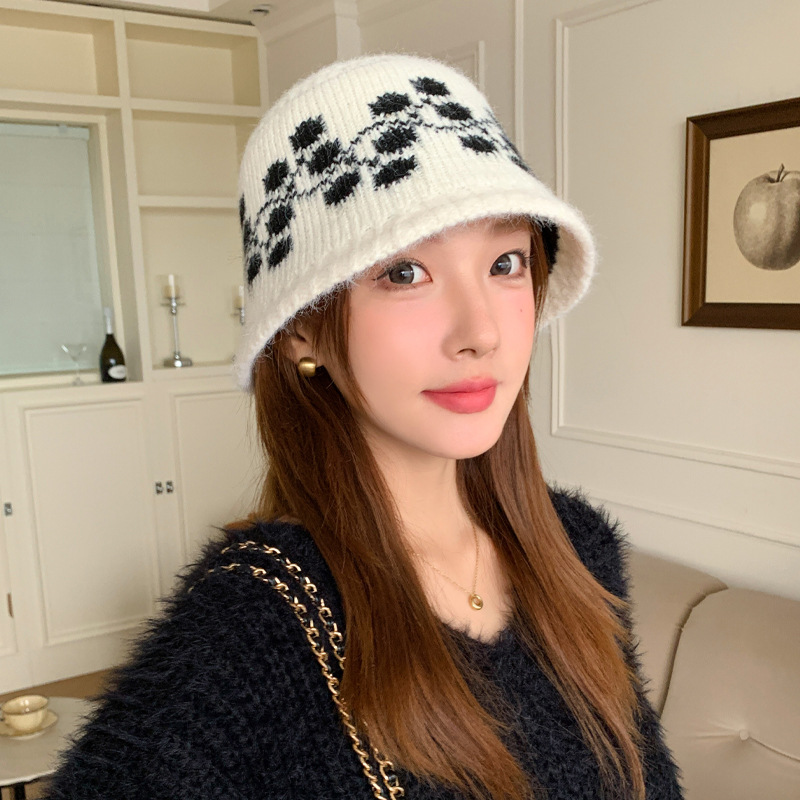 韩版秋冬季帽子女款大头围提花针织帽加绒护耳保暖水桶帽百搭盆帽