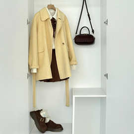 秋冬新款时尚气质清新百搭黄色中长款可爱羊毛大衣HL117