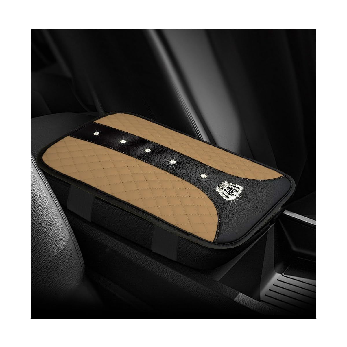 Car armrest box cushion, crown leather studded armrest box pad, armrest cover, three-dimensional quilted embroidery car interior accessory