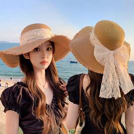 夏季遮阳草编帽女丝带蝴蝶结大檐帽户外旅游防晒沙滩太阳帽子批发