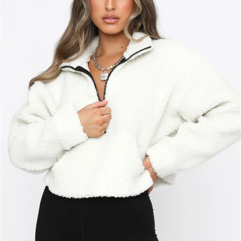 solid color lamb lapel loose long-sleeved zipper sweater NSFD139119