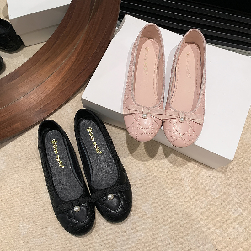 Su Yinyin mismo estilo señorita Huayang ~ dulce arco piel de oveja rombo perla zapatos planos zapatos de ballet para las mujeres