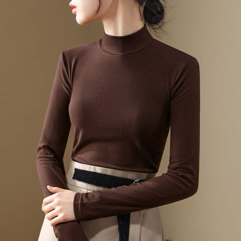Camisa de fondo de terciopelo de cuello alto pequeño color café para mujer 2024 nuevo estilo interior de manga larga con ropa de fondo de piel cálida de estilo occidental de moda de otoño e invierno image 2