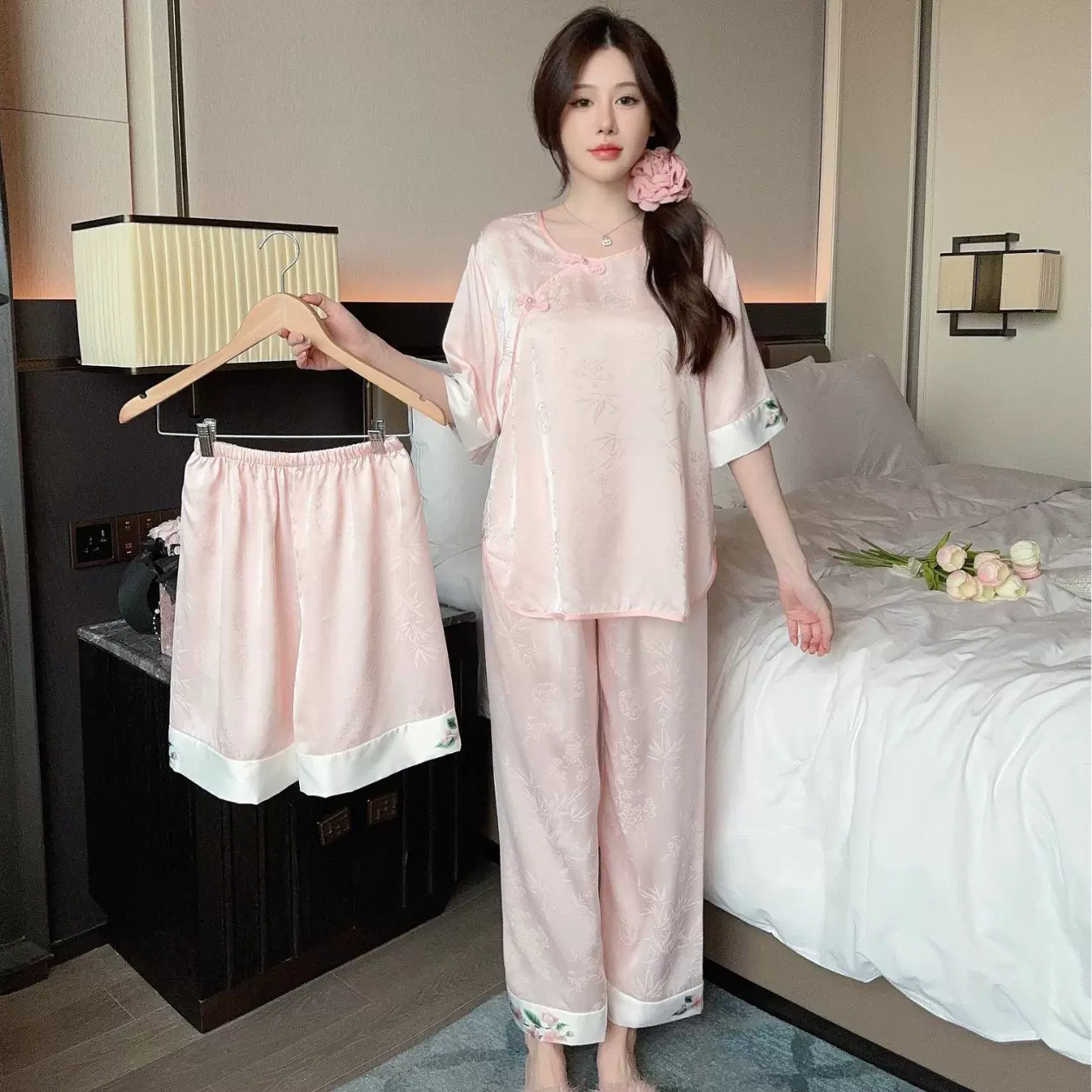 新款冰丝睡衣女夏季中式古风玫瑰套装家居服仿真丝缎面提花可外穿