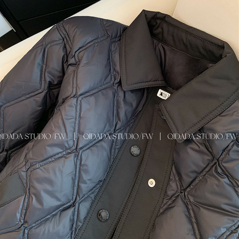 黑色菱格领棉服女秋冬新款短款小个子设计感轻薄棉衣外套|undefined