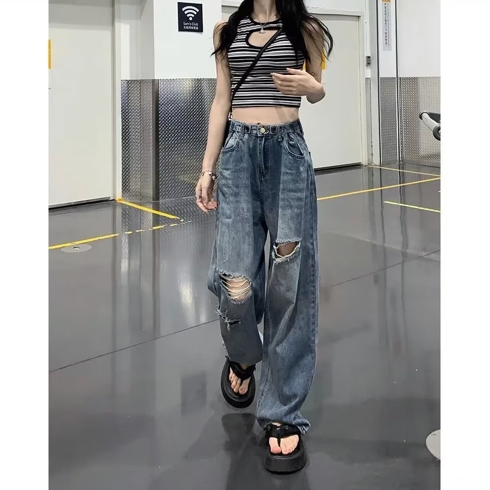 American high street ripped jeans women's autumn high waist slimming loose casual straight wide leg mop pants ins