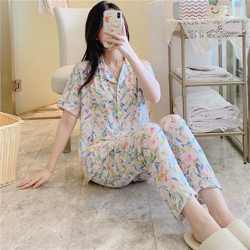 短袖棉绸睡衣女夏季薄款可外穿人造棉家居服日系开衫印花绵绸套装