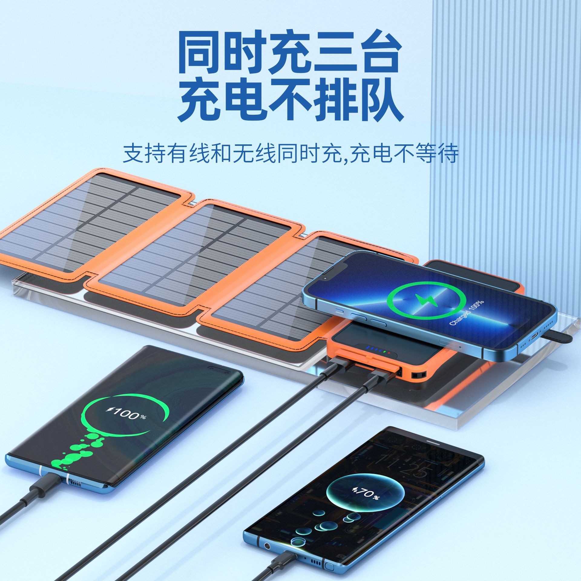 光伏发电太阳能移动电源16000毫安折叠便携户外三防无线充电宝CE