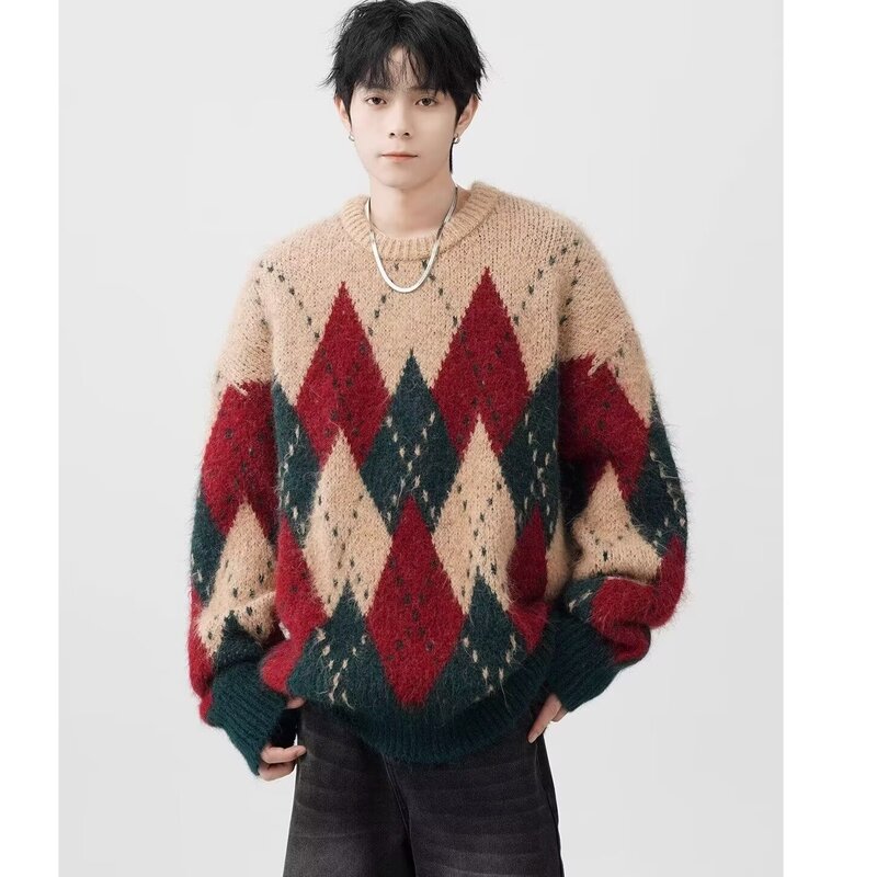 American Style Retro Rhombic Christmas Sweater Men's Autumn and Winter Fashion Brand High-end Lazy Knitted Sweater Loose Color-block Top