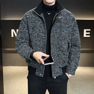 毛呢外套男秋冬款高级感连帽假两件上衣美式复古休闲宽松呢子夹克