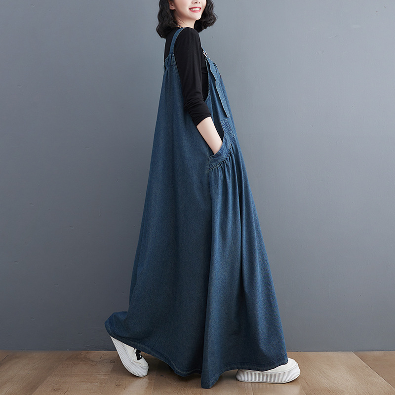 2024 primavera/verano otoño vestido largo retro suelta adelgazamiento Denim suspender vestido largo vestido grande SWING