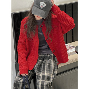 New Style Girls' Sweaters for Autumn and Winter 2025 New Kidsren's Christmas Red Knitted Cardigans Girls' New Year's Clothes