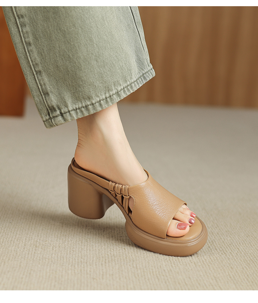 Sandal cao gót nữ da cừu siêu mềm, gót vuông, mũi hở, đế dày, quai ngang đan lưới — màu trắng ngà, màu mơ chi tiết 21