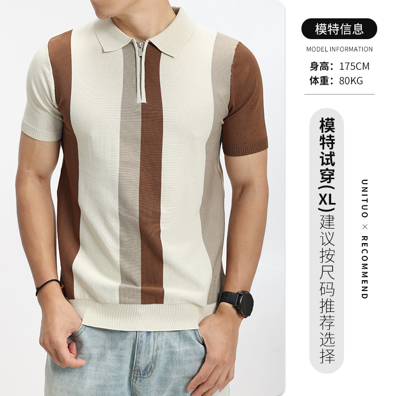 Hombres Europeos y americanos a rayas polo de punto hombre lujo ligero de alto nivel con solapa casual de manga corta con camiseta de cuello de hombre