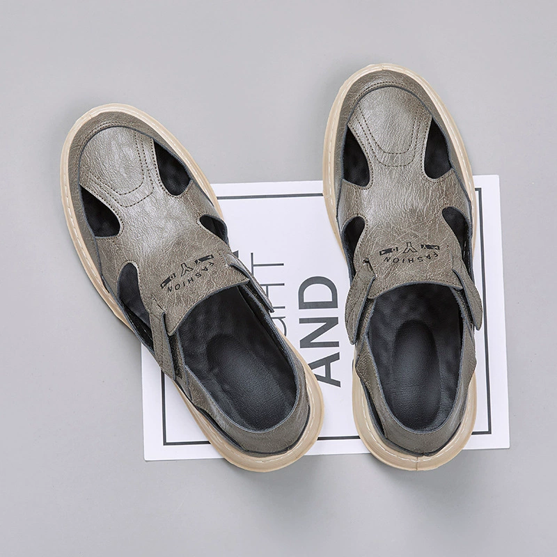 Мужские летние сандалии Мягкие кожаные полые дышащие пляжные туфли полиуретановые легкие мягкие подошвы мужские повседневные кроссовки