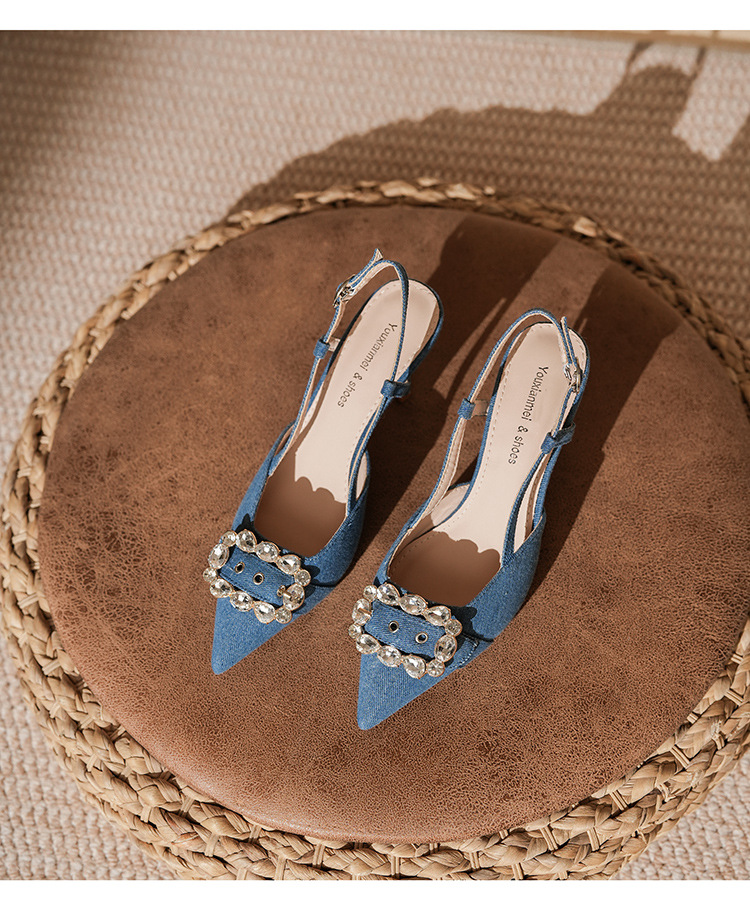 7755-5 Denim Blue Style Belt Buckle Closed Sandals Front Open Back Thin Heel High Heels Commuting_voghion.com
