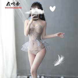 慕瑶新款新货性感交叉肩带透明网纱头饰套装制服诱惑连衣短裙