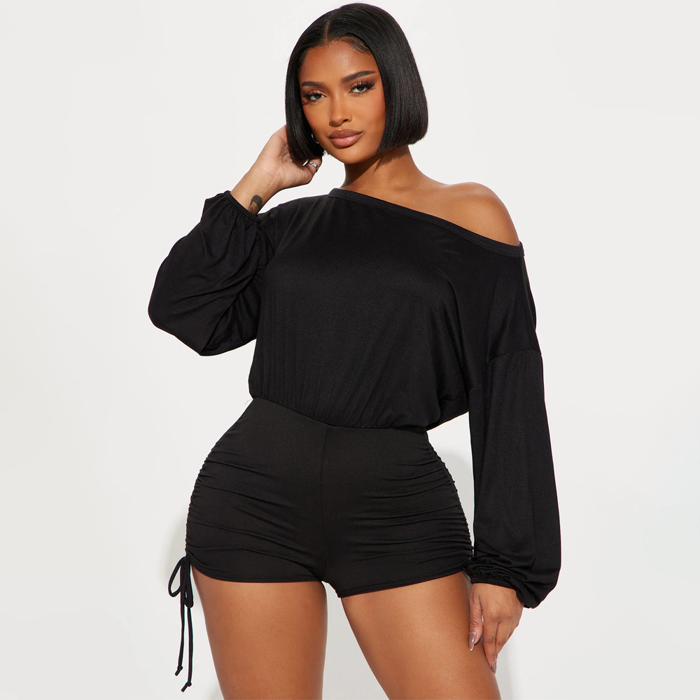 Women Wear Casual off Shoulder off Shoulder Long Sleeve Pleated Drawstring Fitted Waist Jumpsuit