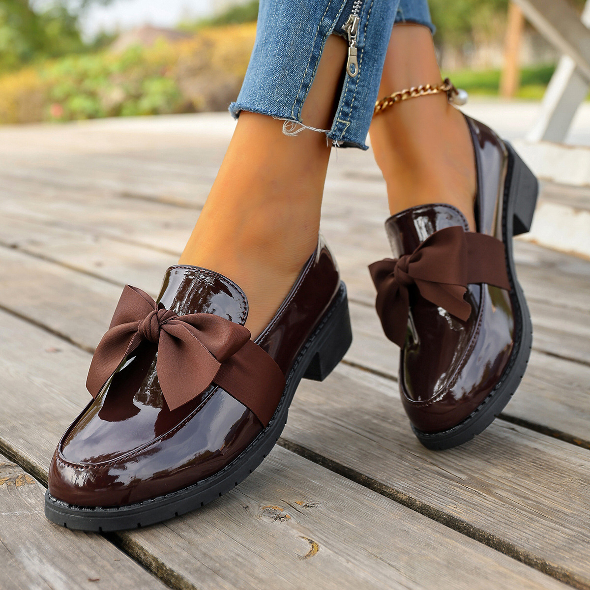 Damen-Retro-Schleifen-Lederschuhe, mittelhoher Absatz, britischer Stil, Frühling_voghion.com