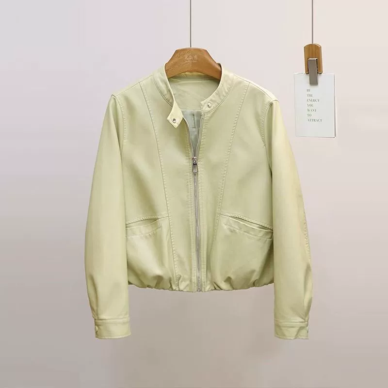 Короткая кожаная куртка для женщин весна 2025 новый стиль кожаный воротник-стойка свободный большой размер маленькая куртка топ