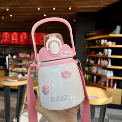 Instagram-famous oversized insulated mug, high-capacity water bottle for women—stylish and trendy, perfect for students! Features a cute straw and comes with a handy, portable strap.