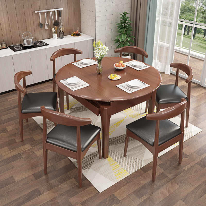 实木餐桌椅北欧风格组合圆桌折叠简约原木小户型多功能可伸缩餐桌