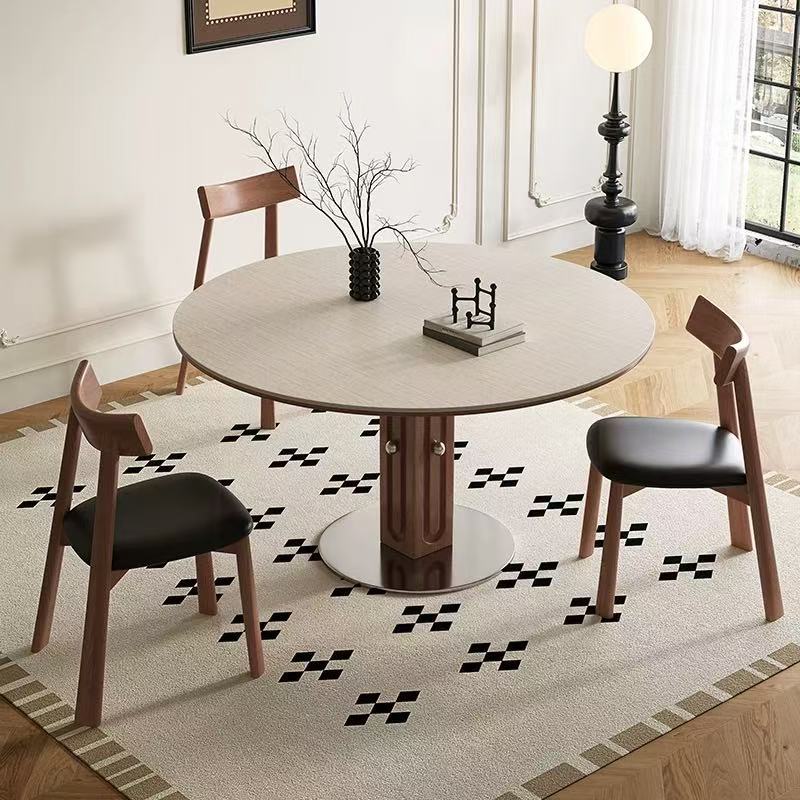 Mesa de tablero de roca de travertino de madera maciza retro francesa mesa de comedor de tablero de roca de lujo ligero para el hogar pequeño apartamento mesa de comedor de madera maciza redonda medieval