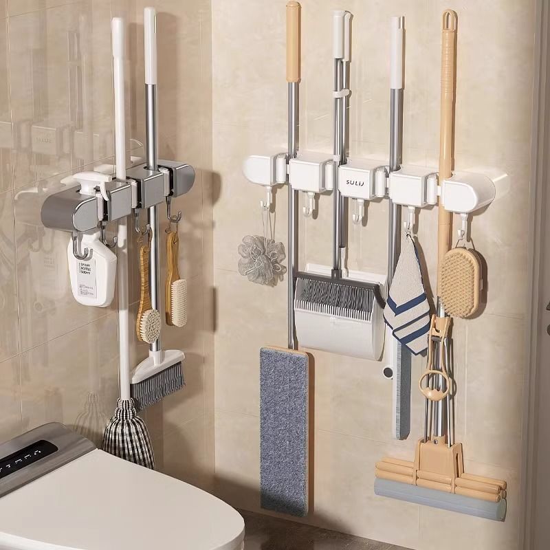 Wall-Mounted Kitchen Mop Holder, No-Drill Mop Clip, Broom and Mop Storage Rack for Bathroom