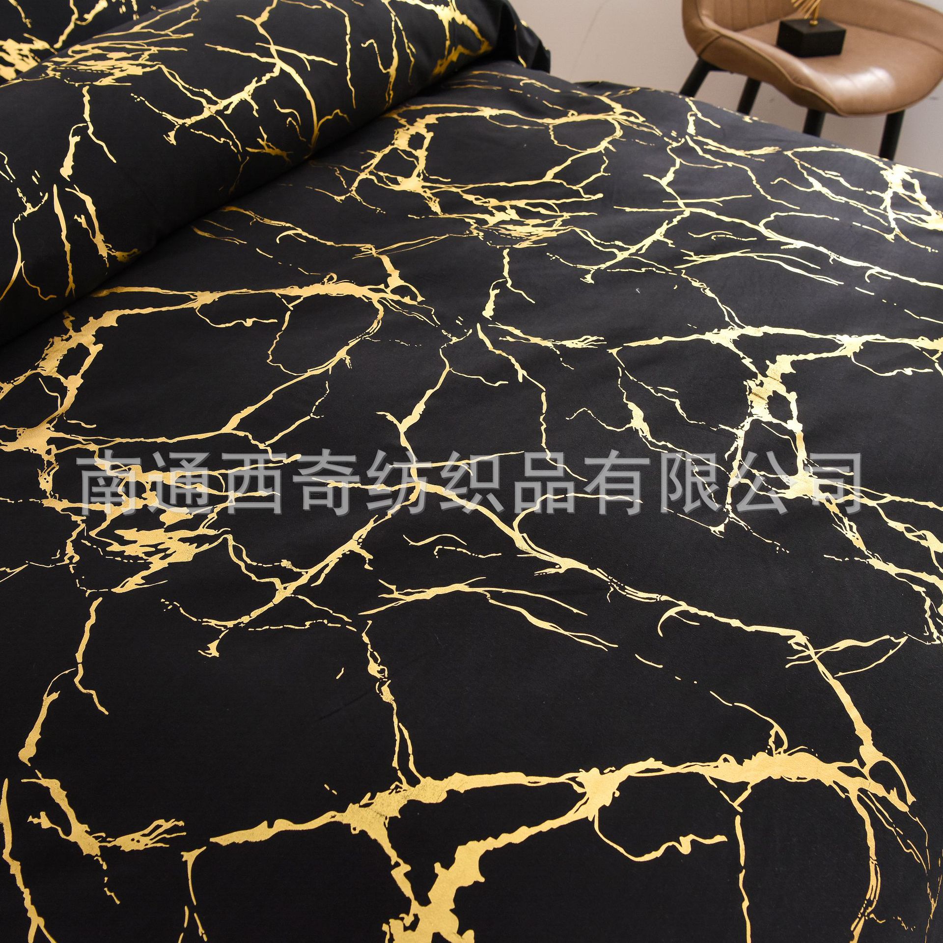 跨境家纺被套外贸床单亚马逊烫金纯色三四件套工艺烫彩金床上用品