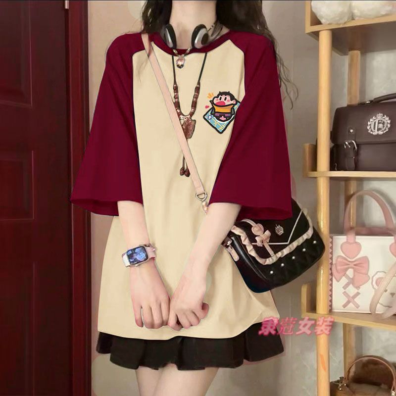 샤오신 레드 살구 반팔 + 블랙 스커트 [안전바지 포함, 고품질]