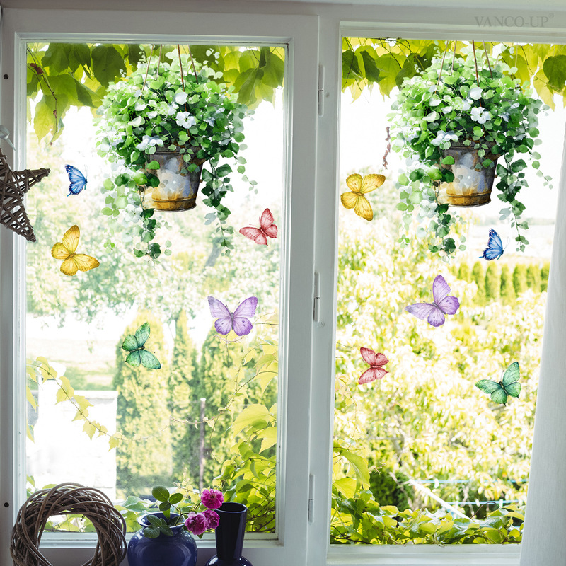 New Creative Plant and Flower Potted Plant Butterfly Window Stickers for Bedroom and Living Room Background Decoration, Static Cling Non-Adhesive Glass Stickers