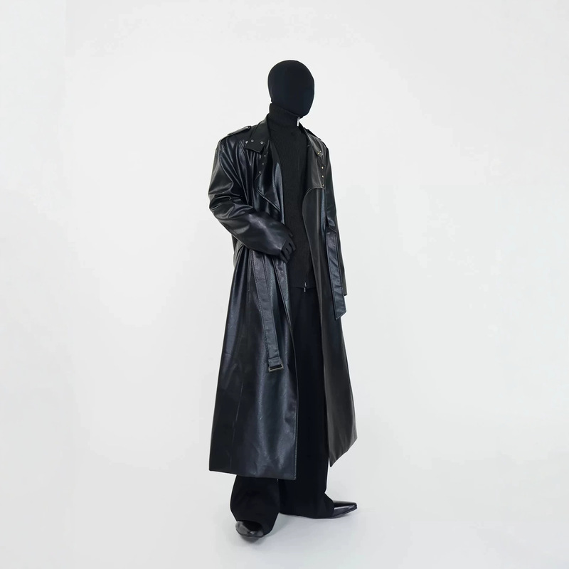 Retro, high-end, oversized PU leather coat with a large collar and a cinched waist, exuding a dark, sophisticated aura, and featuring a bold, avant-garde silhouette Retro, high-end, oversized PU leather coat with a large collar and a cinched waist, exuding a dark, sophisticated aura, and featuring a bold, avant-garde silhouette