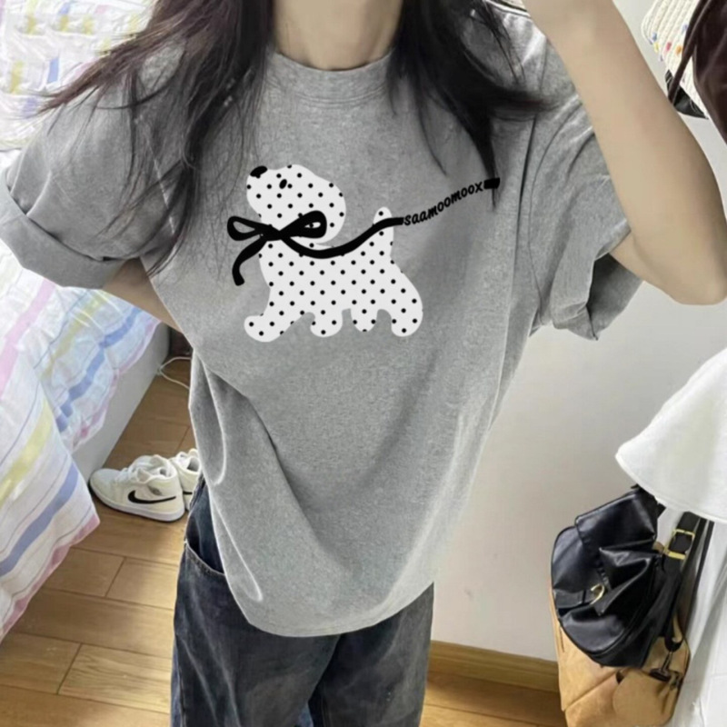 Pure Cotton Right-Shoulder Short-Sleeved T-Shirt for Women 2026 New Large Size Spring Cute Dog Print Loose Casual Half-Sleeved Top