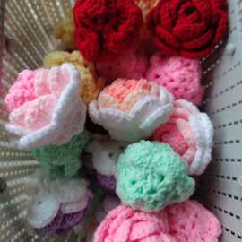 手工毛线玫瑰花头批发仿真花半成品手工钩织毛线花头花头厂家直销