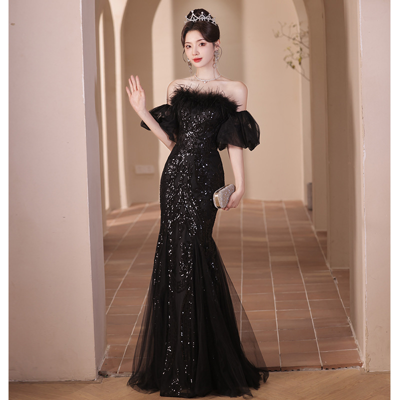 Banquet Evening Dress 2026 New Style Strapless Light Luxury Black Feather Waist-Cinching Fishtail Long Dress Art Exam Sequin Dress