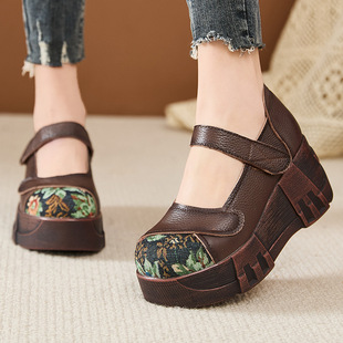 Concubine Beauty Genuine Leather Ethnic Fashion Simple Thick Bottom Velcro Height Increasing Chinese Style Soft Bottom Good Wear Women's Casual Single