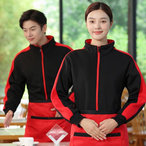 Catering Waiter Workwear Long Sleeve Zipper Fleece Sweatshirt Supermarket Hot Pot Restaurant Outerwear Work Uniform Printed Autumn and Winter