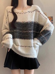 宽松慵懒彩点长袖毛衣针织衫秋季2025新款大码女装胖mm巨好看上衣