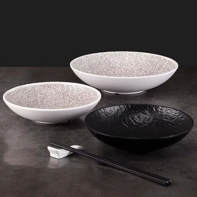 Melamine Japanese-Style Bowl, Imitation Porcelain Wide-Mouth Shallow Bowl, Vegetable Bowl, Cold Noodle Bowl, Salad Bowl, Ramen Bowl, Plastic Soup Bowl, Commercial Use