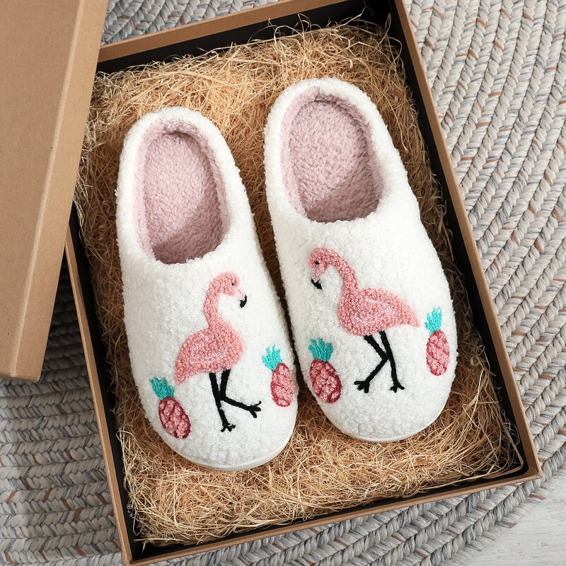 Cross-Border Ins Flamingo Pineapple Cotton Slippers for Women at Home Comfortable Plush Embroider Shein Independent Station Spot Wholesale