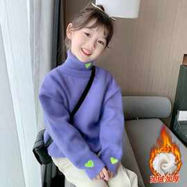 儿童德绒绣花上衣春秋冬装高领女中小大童长袖加绒加厚保暖打底衫