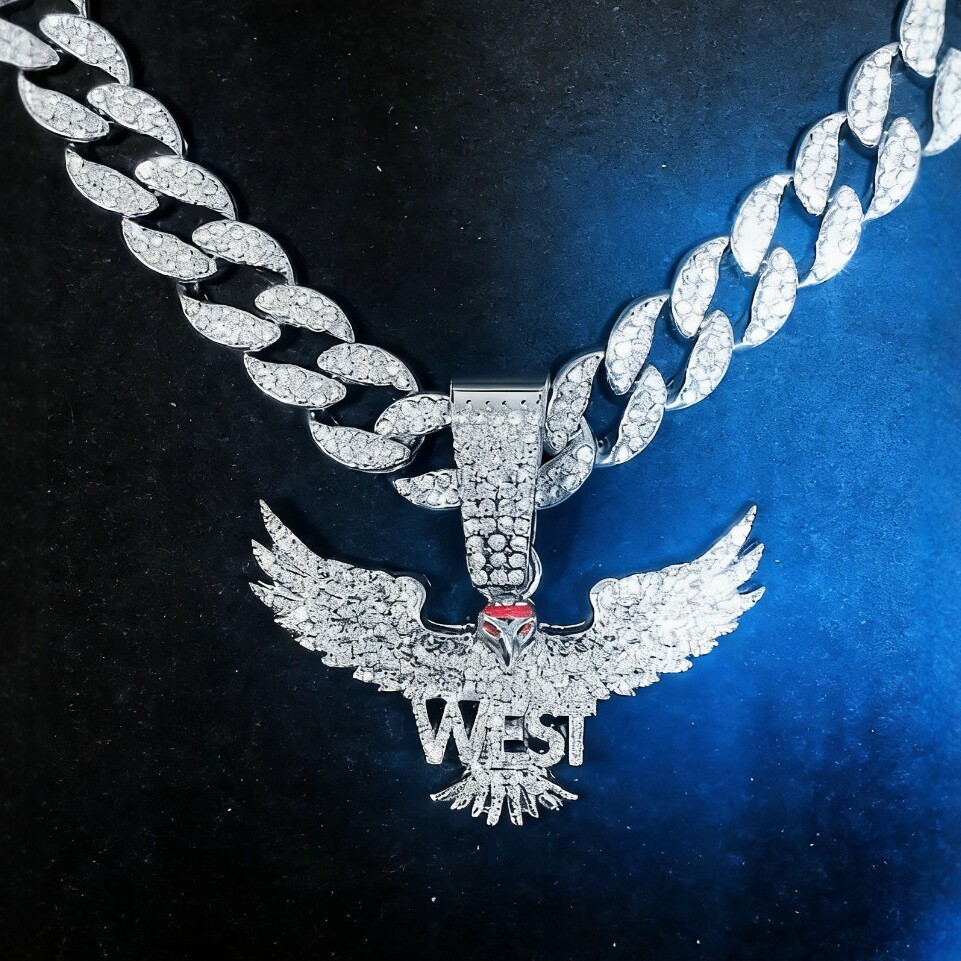 Águila de diamante completo WEST colgante de ala de ventana hip hop europeo y americano cadena gruesa cadena cubana conjunto de moda de calle para hombres y mujeres