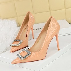3391-K32 European and American Sexy Slimming Banquet High Heel Shoes with Serpentine Pattern Lacquer Leather Shallow Mouth Pointed Water Diamond Button Single Shoes