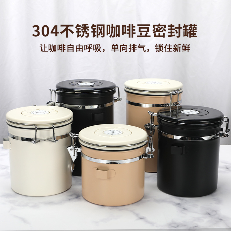 Manufacturer Wholesale Stainless Steel Coffee Bean Storage Jar 1.8L with Spoon, Vent Valve, Breathable Coffee Powder Preservation Sealed Jar