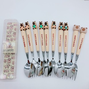 Lovable Capibala Stainless Steel Tableware Children's Student Portable Tableware Box Silicone Head Fork Spoon Two-piece suit