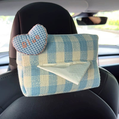 Stuffed Heart Car Seat Back Tissue Box Car Armrest Box Paper Box Car Sun Visor Tissue Bag Bag (Car tissue box/set) - grid-blue-heart-grid-tissue-draw-blue