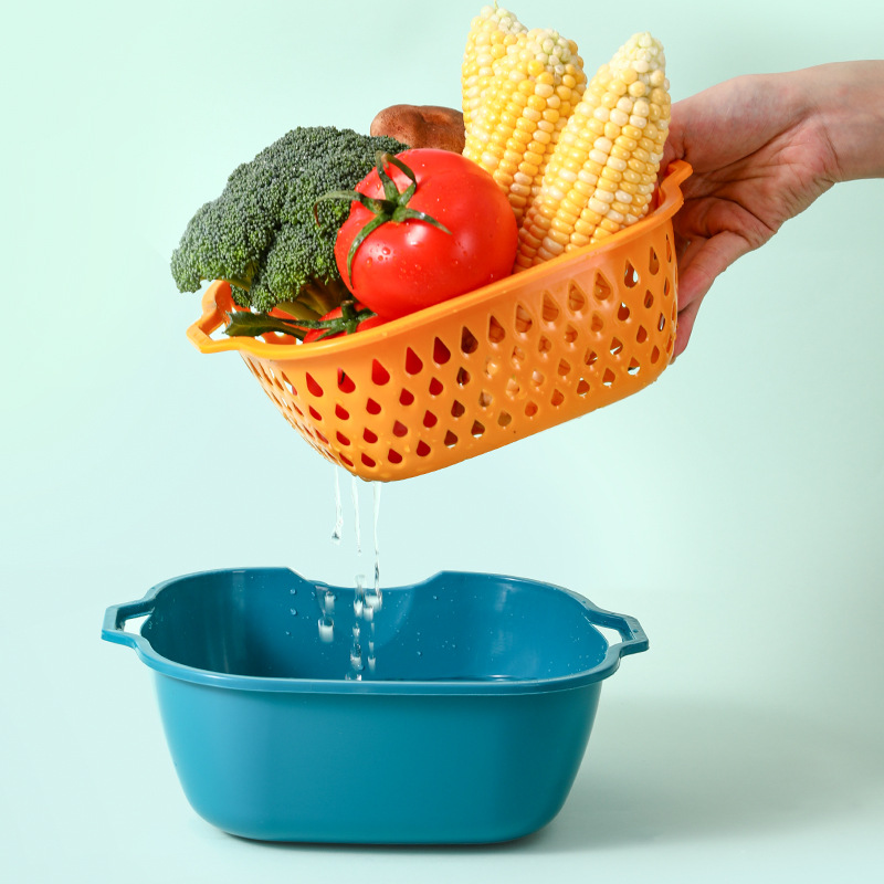 Cesta de drenaje de plástico de doble capa de cocina casera de procesamiento personalizada, cesta multifuncional de lavado de frutas y verduras con logotipo imprimible