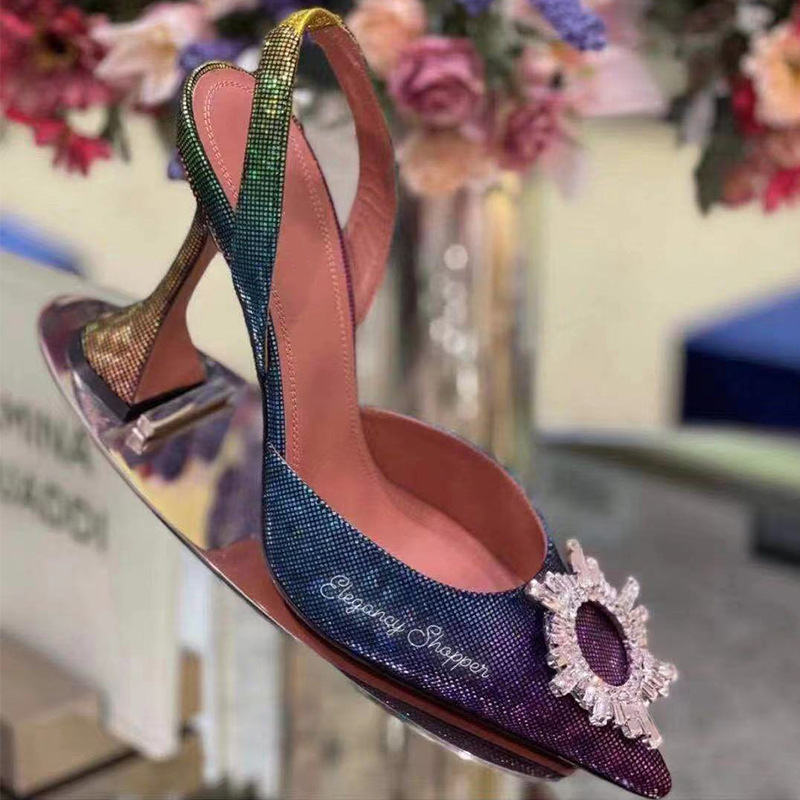 Manufacturers Customize New Gradient Rainbow Color High Heels Sun Buckle Rhinestone Slippers Wine Glass Heel Fashion High Heels