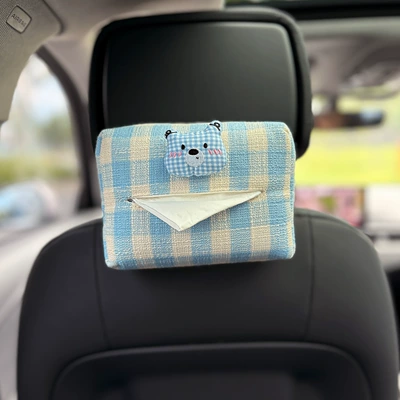Creative Cartoon Plaid Bear Car Seat Back Hanging Paper Box Car Armrest Box Tissue Box Car Tissue Bag (Car tissue box/set) - blue-check-bear-head-plaid-tissue-draw-blue