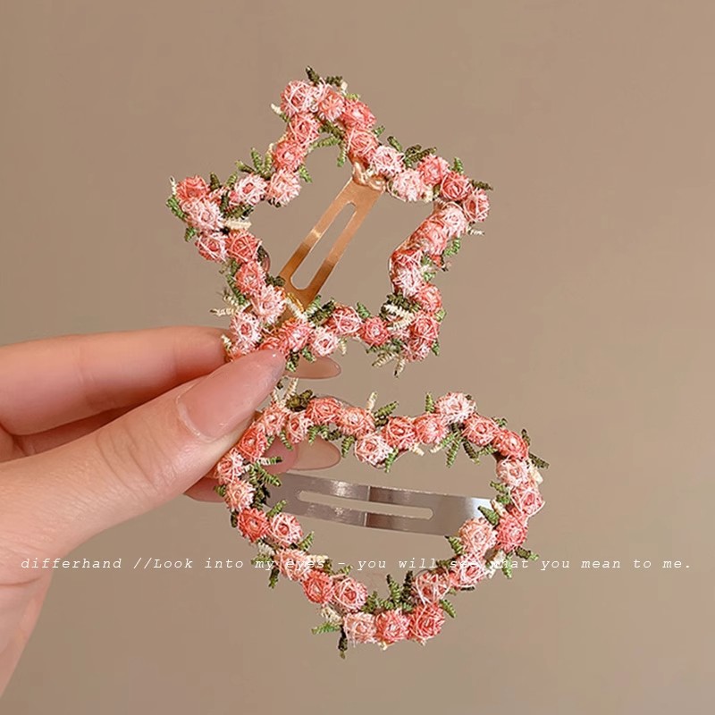 Dulces flores bordadas de primavera de alto valor visual BB clips atmósfera del corazón de una niña lateral clip de cabello de cabello de mujer